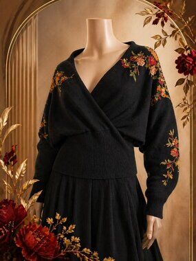 Vintage Black Wrap Knit Sweater Painterly Floral Dolman Sleeve Boho Romantic XL